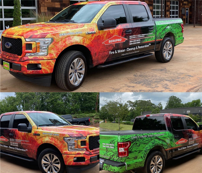 3 pictures of a SERVPRO branded truck with flames and water on it