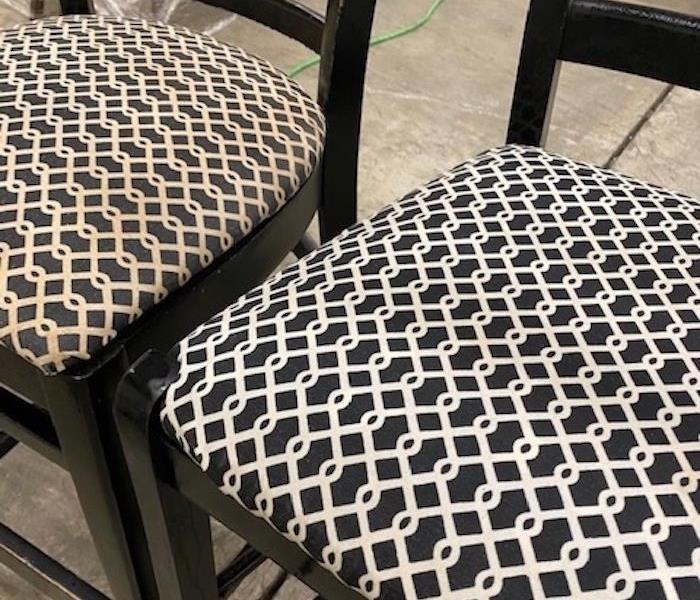An uncleaned chair next to a cleaned version of the chair