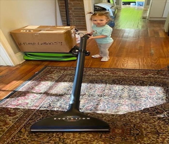 A two year old girl vacuuming the carpet