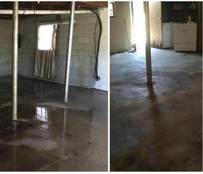 One picture of a concrete basement with water on the floor and one picture of the dried basement